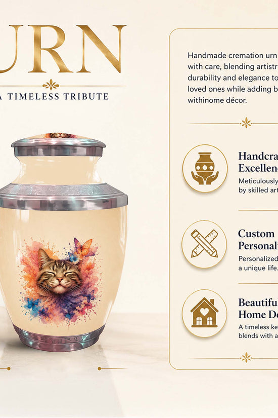 Cat Memorial Urn For Pet Ashes - Watercolor Butterfly Pet Urn