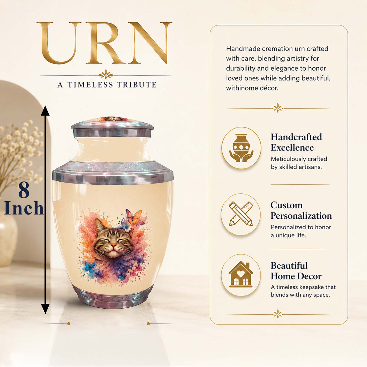 Cat Memorial Urn For Pet Ashes - Watercolor Butterfly Pet Urn