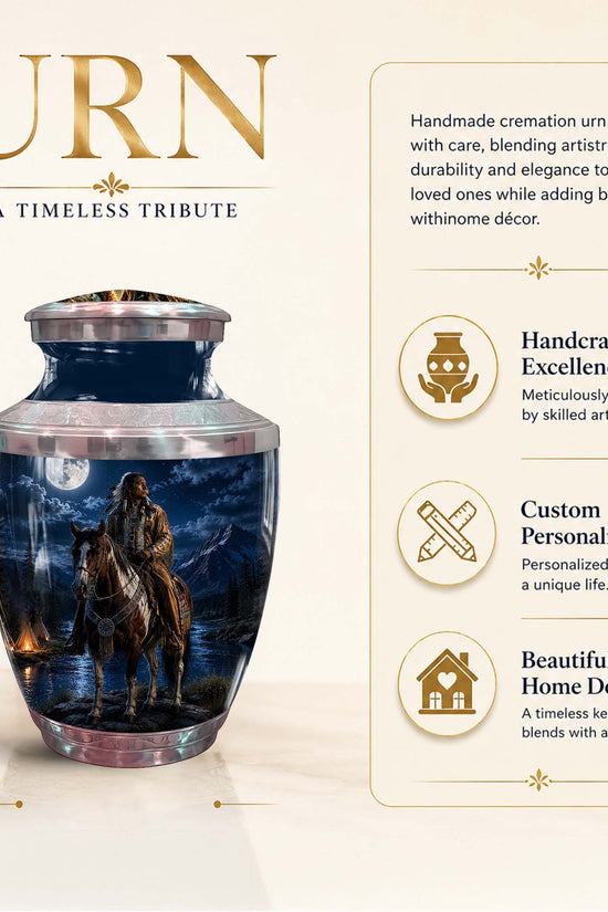 Native American Cremation Urn - Moonlit Horse Rider Urn For Adults