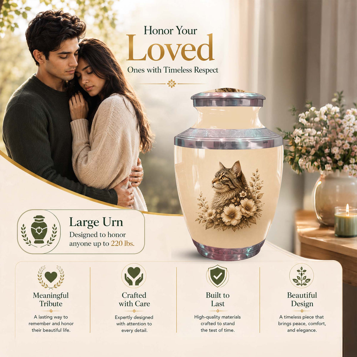 Cat Floral Urn For Ashes - Cat Themed Urns For Cremation