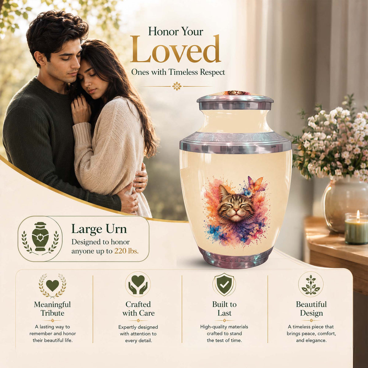 Cat Memorial Urn For Pet Ashes - Watercolor Butterfly Pet Urn