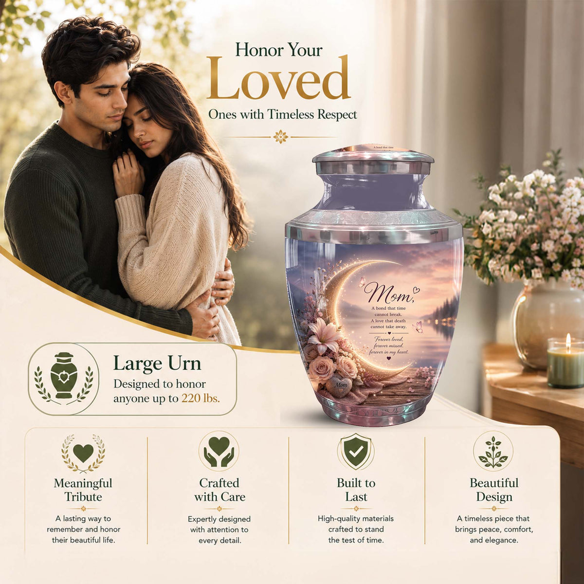 Memorial Urn for Mom – Floral Crescent Moon Cremation Urn
