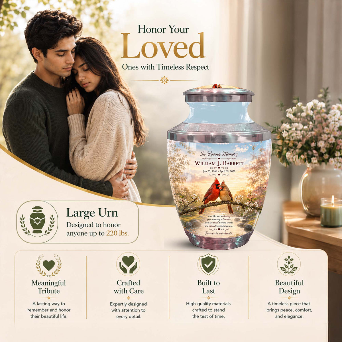 Cardinal Bird Pair Themed Urn - Bird Memorial Urn For Lovers