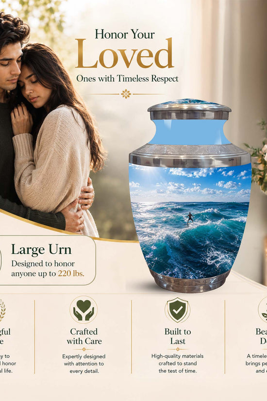 Personalized ceramic urn with a blue ocean wave print, shown alongside a couple in a warm, memorial-themed ad layout with text highlighting its large capacity and thoughtful design.