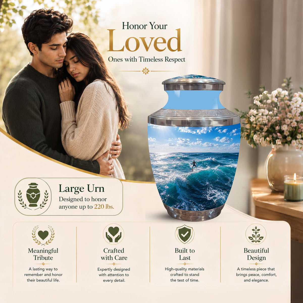 Personalized ceramic urn with a blue ocean wave print, shown alongside a couple in a warm, memorial-themed ad layout with text highlighting its large capacity and thoughtful design.