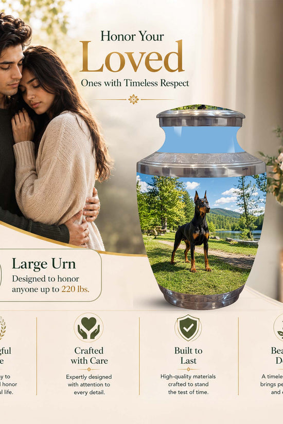 Personalized ceramic memorial urn with a landscape photo of a horse, shown alongside a couple and decorative floral arrangements on a beige promotional background with text highlighting features.