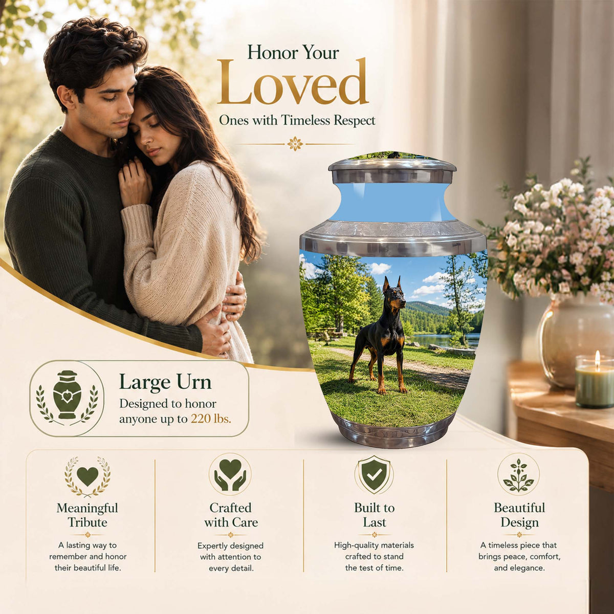 Personalized ceramic memorial urn with a landscape photo of a horse, shown alongside a couple and decorative floral arrangements on a beige promotional background with text highlighting features.