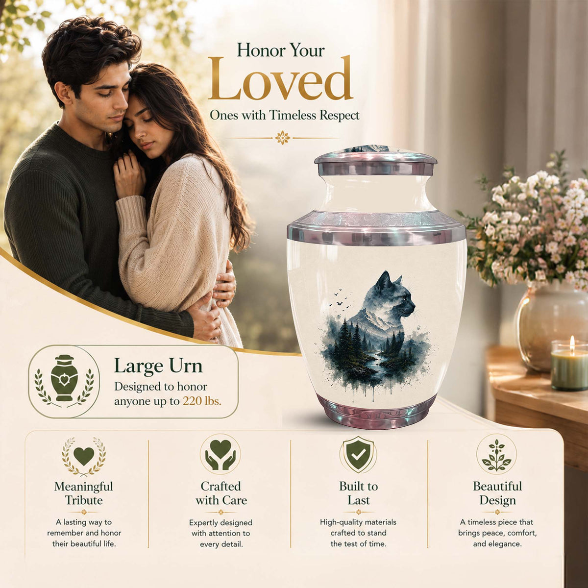 Cat Silhouette Cremation Urn For Pet - Nature Themed Urn For Cat