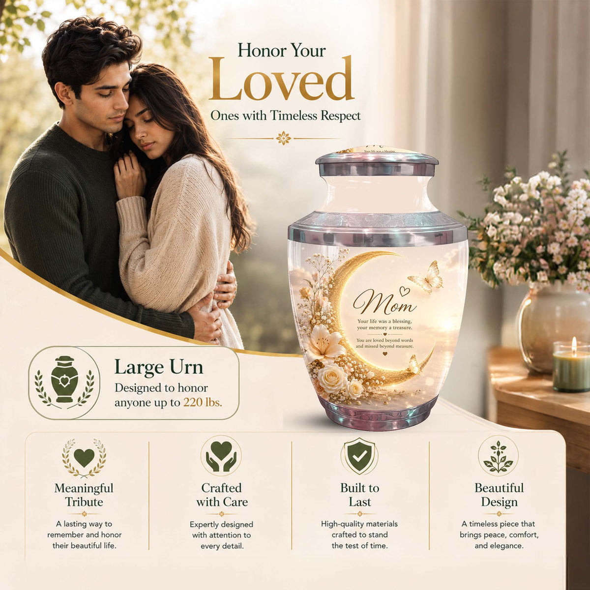Crescent Moon Memorial Urn For Mom - Floral Urn For Ashes