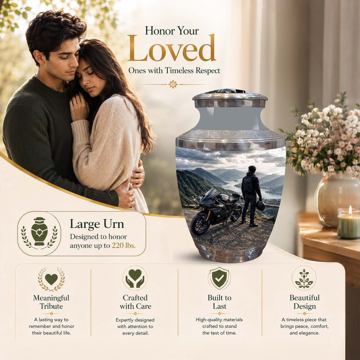 A large memorial urn displayed in a warm, styled setting with a couple in the background and text highlighting its features. The urn is clear glass with a printed scenic photo of a motorcycle rider on a mountain road, topped with a silver lid.