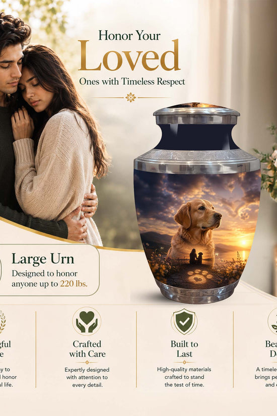 A large personalized urn with a printed photo of a golden retriever and sunset scene, shown beside a couple and a floral arrangement in a warm memorial setting. Text on the image reads 'Honor Your Loved Ones with Timeless Respect' and 'Large Urn Designed to honor anyone up to 220 lbs.