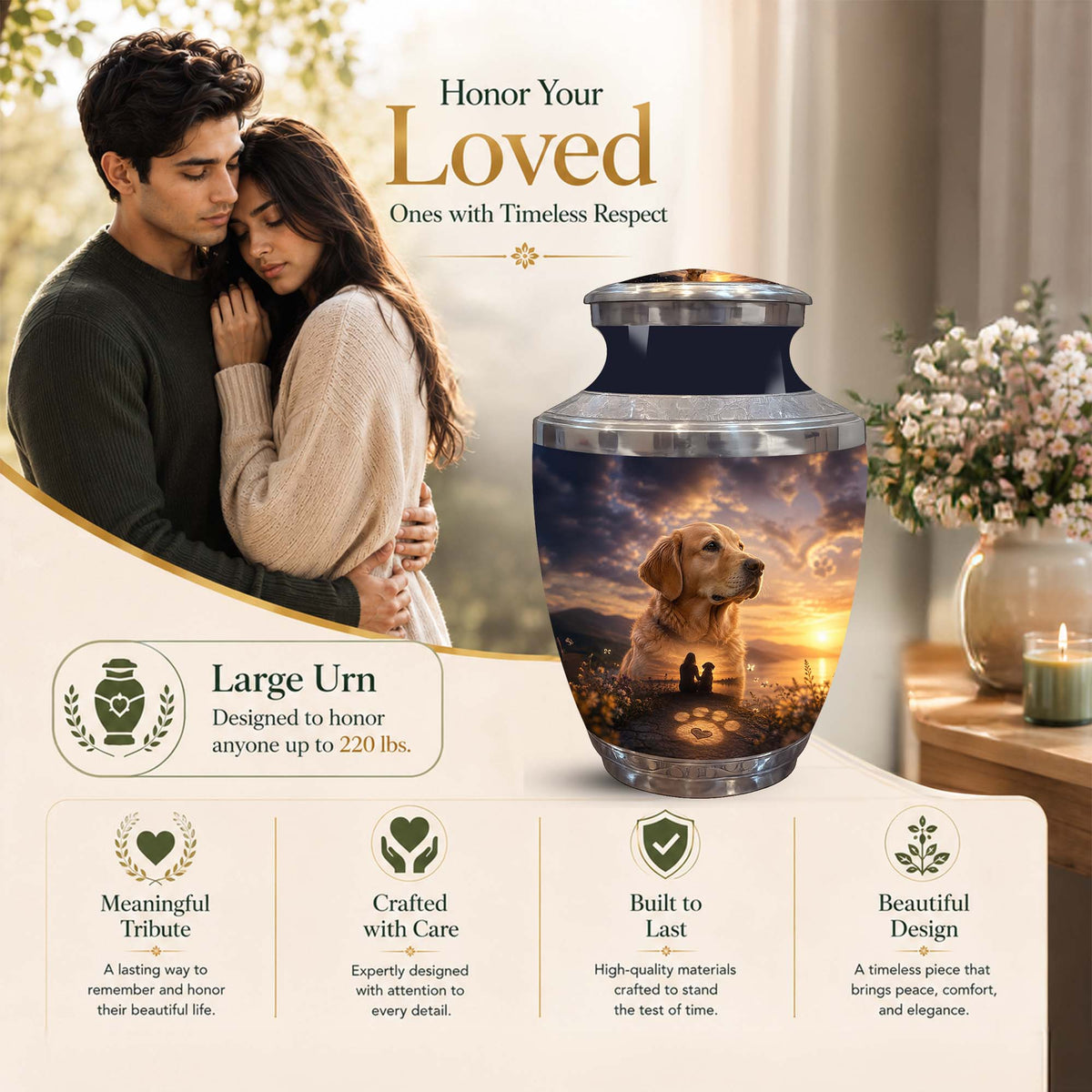 A large personalized urn with a printed photo of a golden retriever and sunset scene, shown beside a couple and a floral arrangement in a warm memorial setting. Text on the image reads 'Honor Your Loved Ones with Timeless Respect' and 'Large Urn Designed to honor anyone up to 220 lbs.