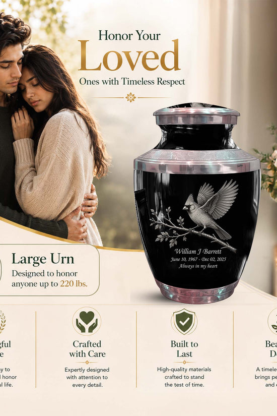 Black Cardinal Bird Cremation Urn - Balck Urn For Men & Women