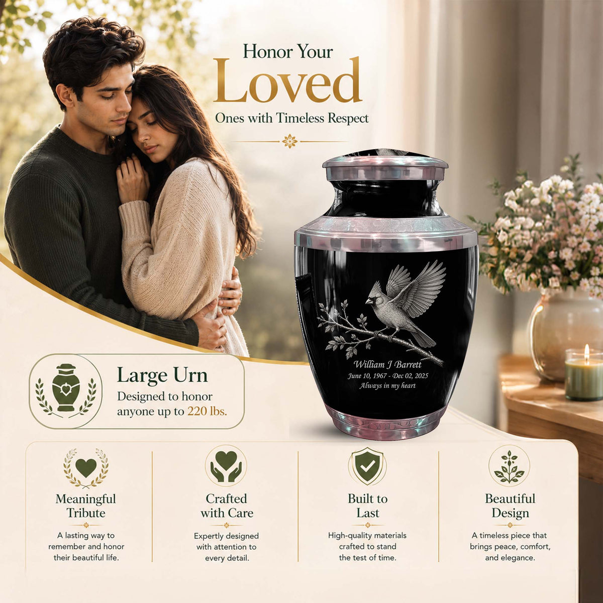 Black Cardinal Bird Cremation Urn - Balck Urn For Men & Women