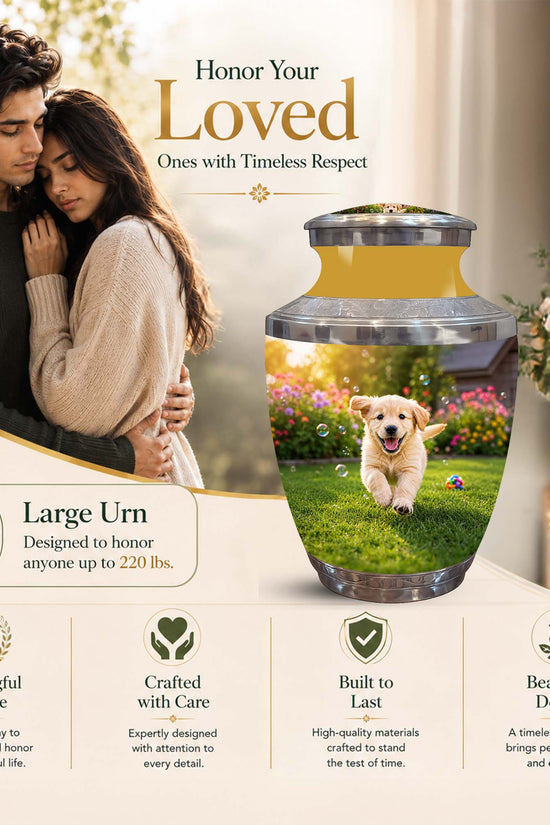 A large memorial urn displayed on a beige promotional background with a couple in a photo on the left and a small golden dog standing in a grassy field printed on the front of the urn. Text reads 'Honor Your Loved Ones with Timeless Respect' and 'Large Urn Designed to honor anyone up to 220 lbs.