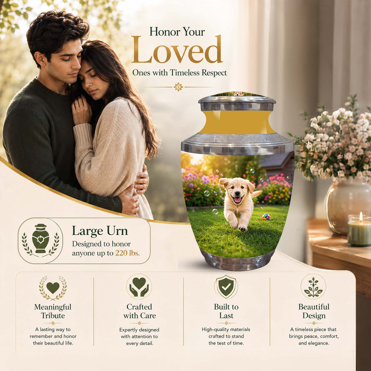 A large memorial urn displayed on a beige promotional background with a couple in a photo on the left and a small golden dog standing in a grassy field printed on the front of the urn. Text reads 'Honor Your Loved Ones with Timeless Respect' and 'Large Urn Designed to honor anyone up to 220 lbs.