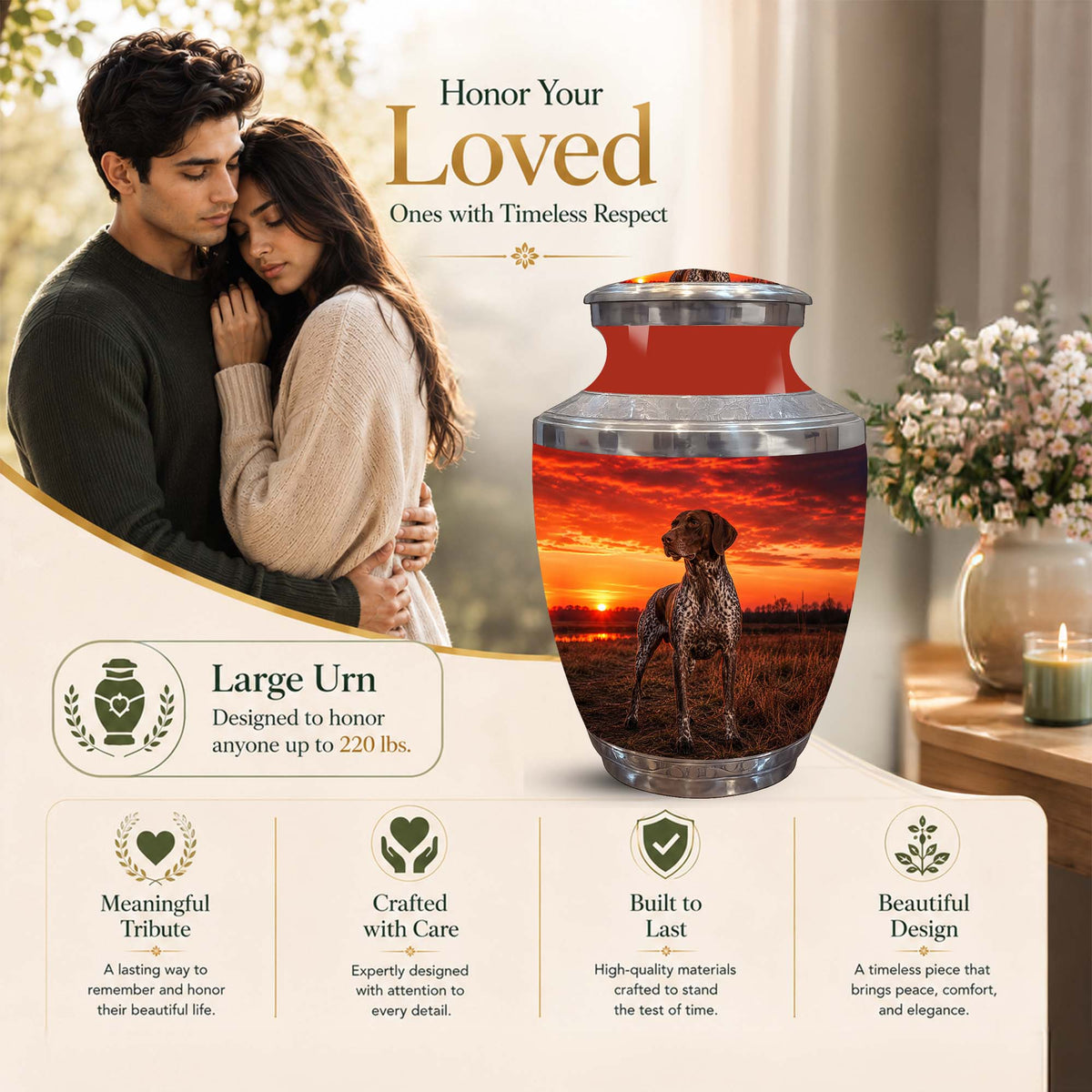 A large memorial urn displayed on a beige promotional background with a couple in a warm photo on the left and product features listed below. The urn has a red-orange gradient top section and a lower section showing a dog standing in a sunset field.