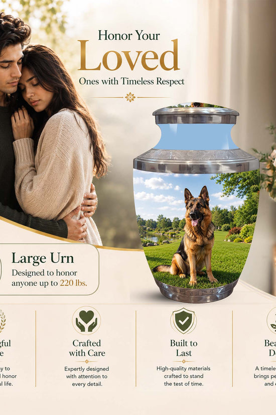 Large memorial urn shown in a promotional layout with a couple in the background and text reading 'Honor Your Loved Ones with Timeless Respect.' The urn features a printed landscape scene with a German Shepherd dog.