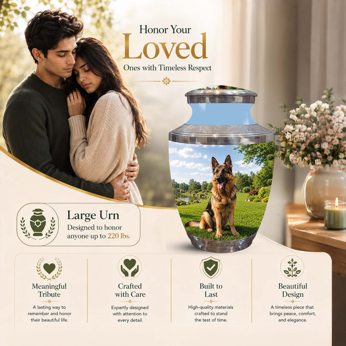 Large memorial urn shown in a promotional layout with a couple in the background and text reading 'Honor Your Loved Ones with Timeless Respect.' The urn features a printed landscape scene with a German Shepherd dog.