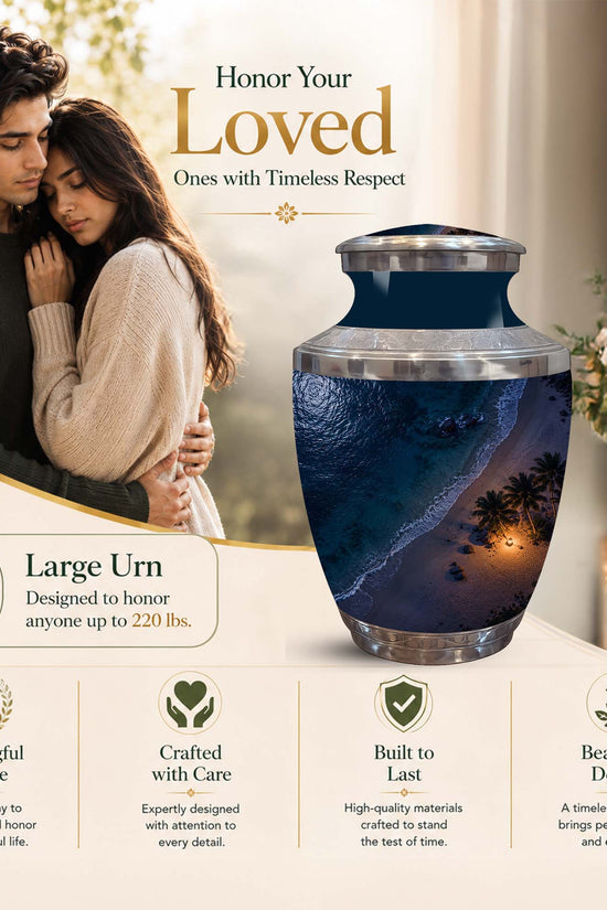 A large decorative urn with a navy and blue sunset beach print, shown in a styled home interior with a couple in the background and marketing text highlighting its size and features.