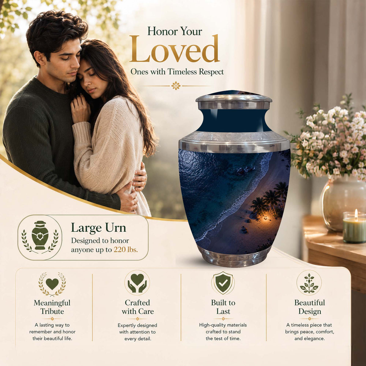 A large decorative urn with a navy and blue sunset beach print, shown in a styled home interior with a couple in the background and marketing text highlighting its size and features.