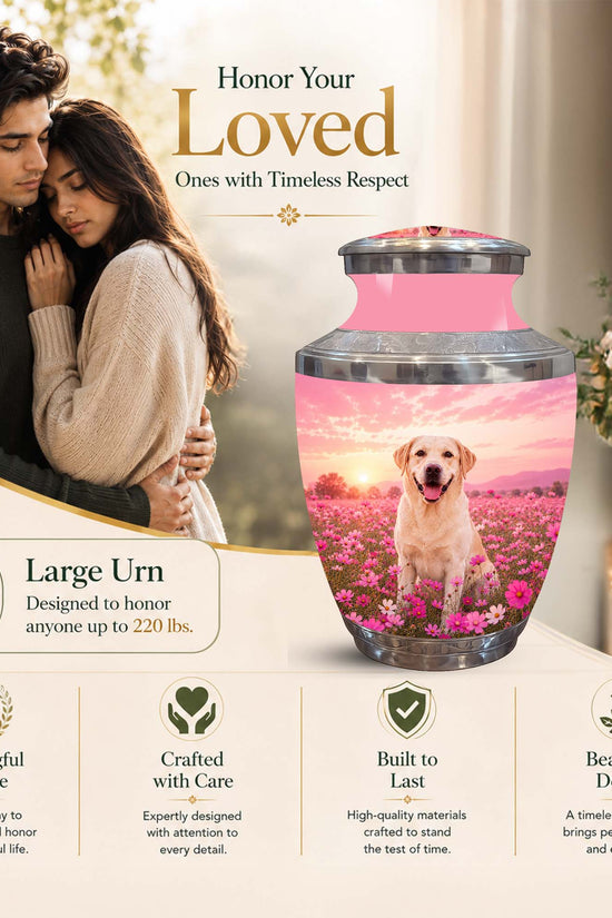 Personalized pet memorial urn with a pink lid and a printed photo of a yellow Labrador retriever in a flower field, shown beside a couple and decorative flowers on a table. Text highlights large size, meaningful tribute, crafted care, built to last, and beautiful design.