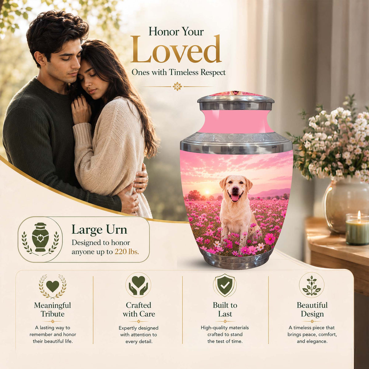 Personalized pet memorial urn with a pink lid and a printed photo of a yellow Labrador retriever in a flower field, shown beside a couple and decorative flowers on a table. Text highlights large size, meaningful tribute, crafted care, built to last, and beautiful design.