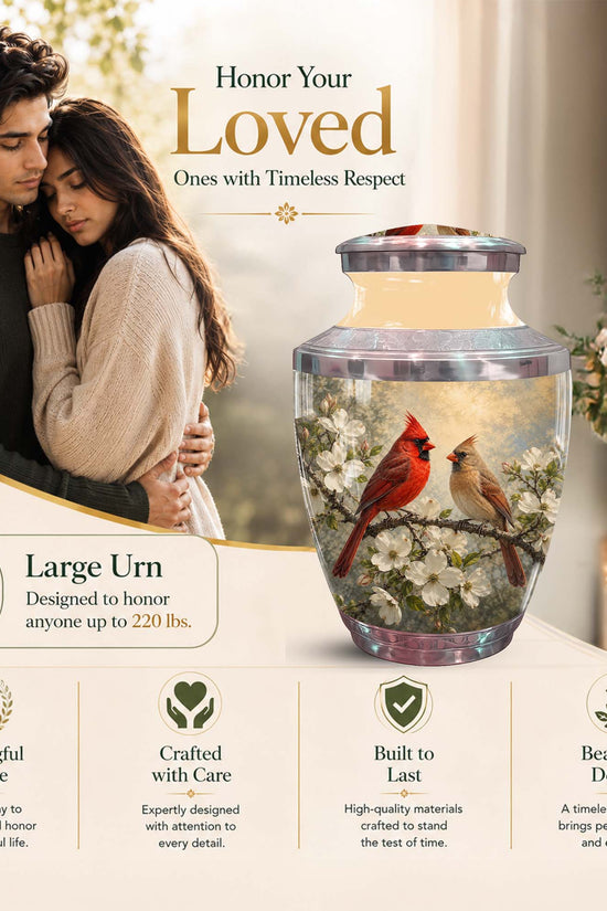 Cardinal Birds Memorial Urn For Ashes - White Blossom Funeral Urn
