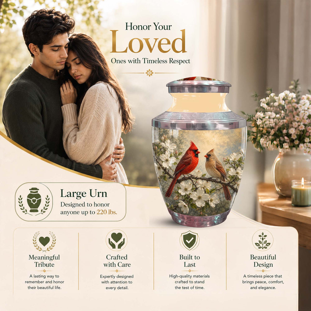 Cardinal Birds Memorial Urn For Ashes - White Blossom Funeral Urn