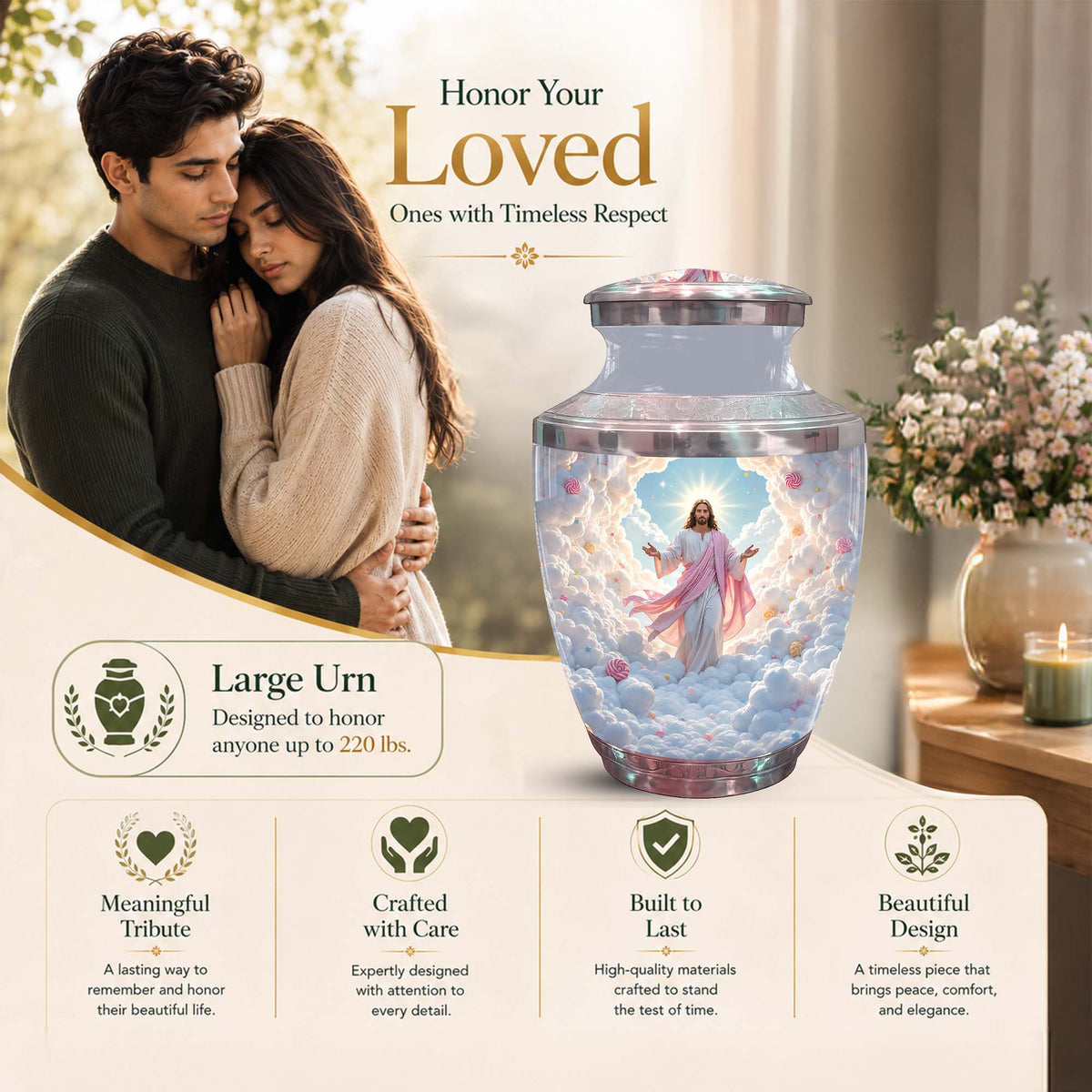 Catholic Urn For Adult Human Ashes - Jesus Cremation Urn