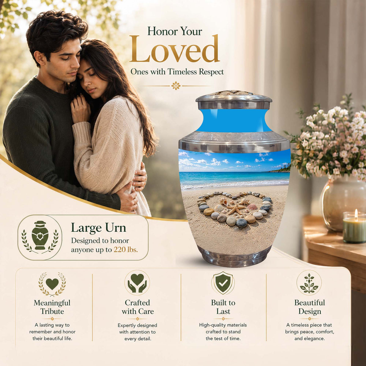 A large personalized urn displayed in a warm, elegant interior setting with a couple in the background. The urn features a blue top section and a lower section showing a printed beach scene with a stone circle.