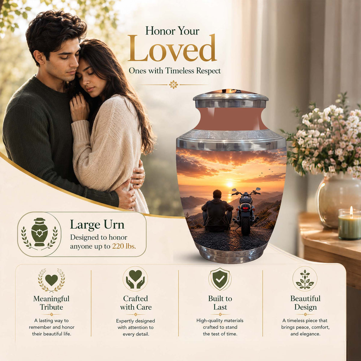Large cremation urn displayed in a warm memorial-style setting with a couple in the background and text callouts. The urn is shown with a sunset mountain scene and a motorcycle inside, and the image includes marketing text such as 'Honor Your Loved Ones with Timeless Respect' and 'Large Urn Designed to honor anyone up to 220 lbs.