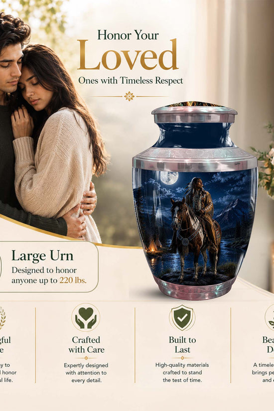 Native American Cremation Urn - Moonlit Horse Rider Urn For Adults