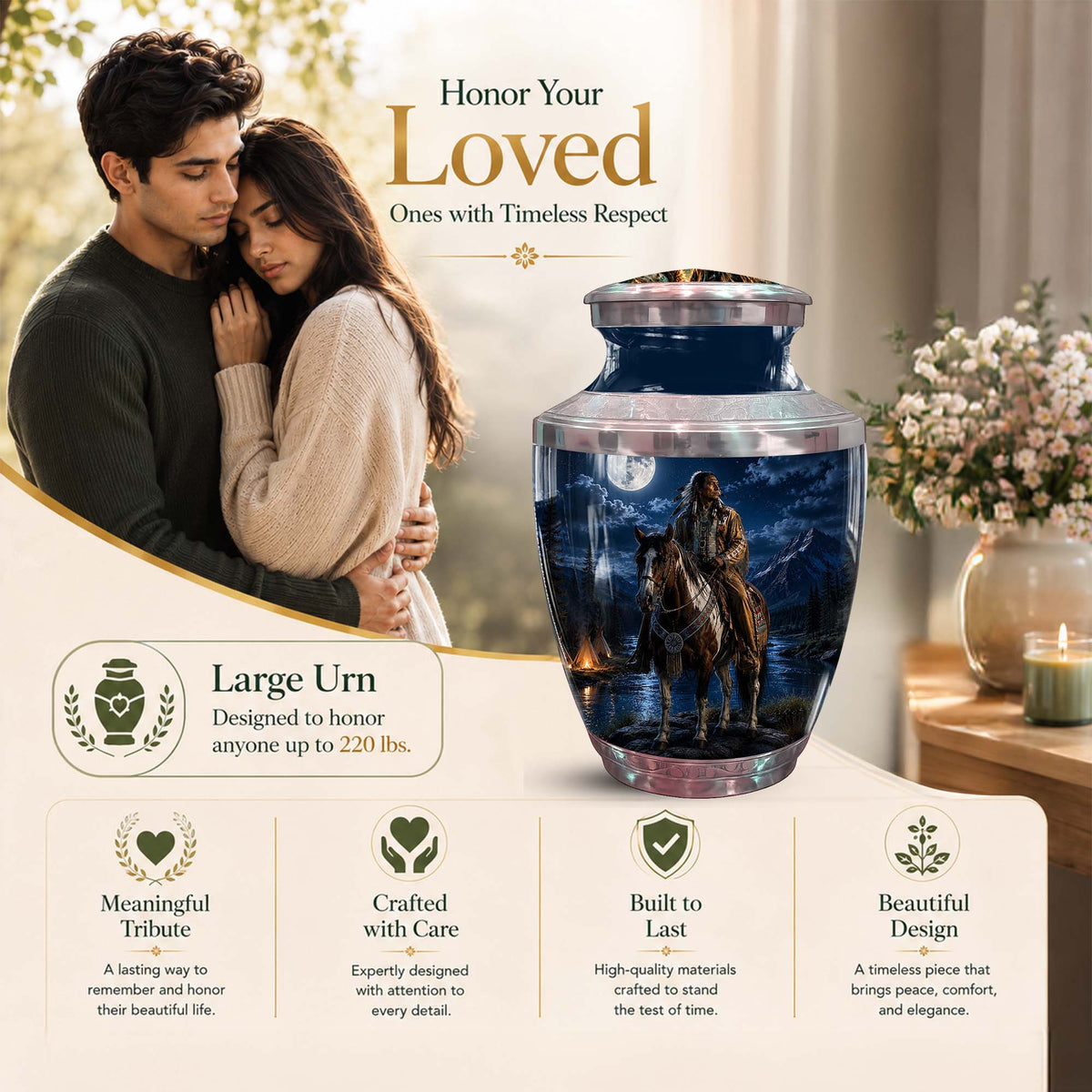 Native American Cremation Urn - Moonlit Horse Rider Urn For Adults