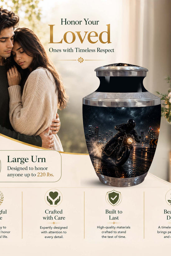 A large memorial urn with a glossy dark printed photo of a motorcycle rider over water, shown beside a couple embracing and decorative flowers. Text reads 'Honor Your Loved Ones with Timeless Respect' and 'Large Urn Designed to honor anyone up to 220 lbs.