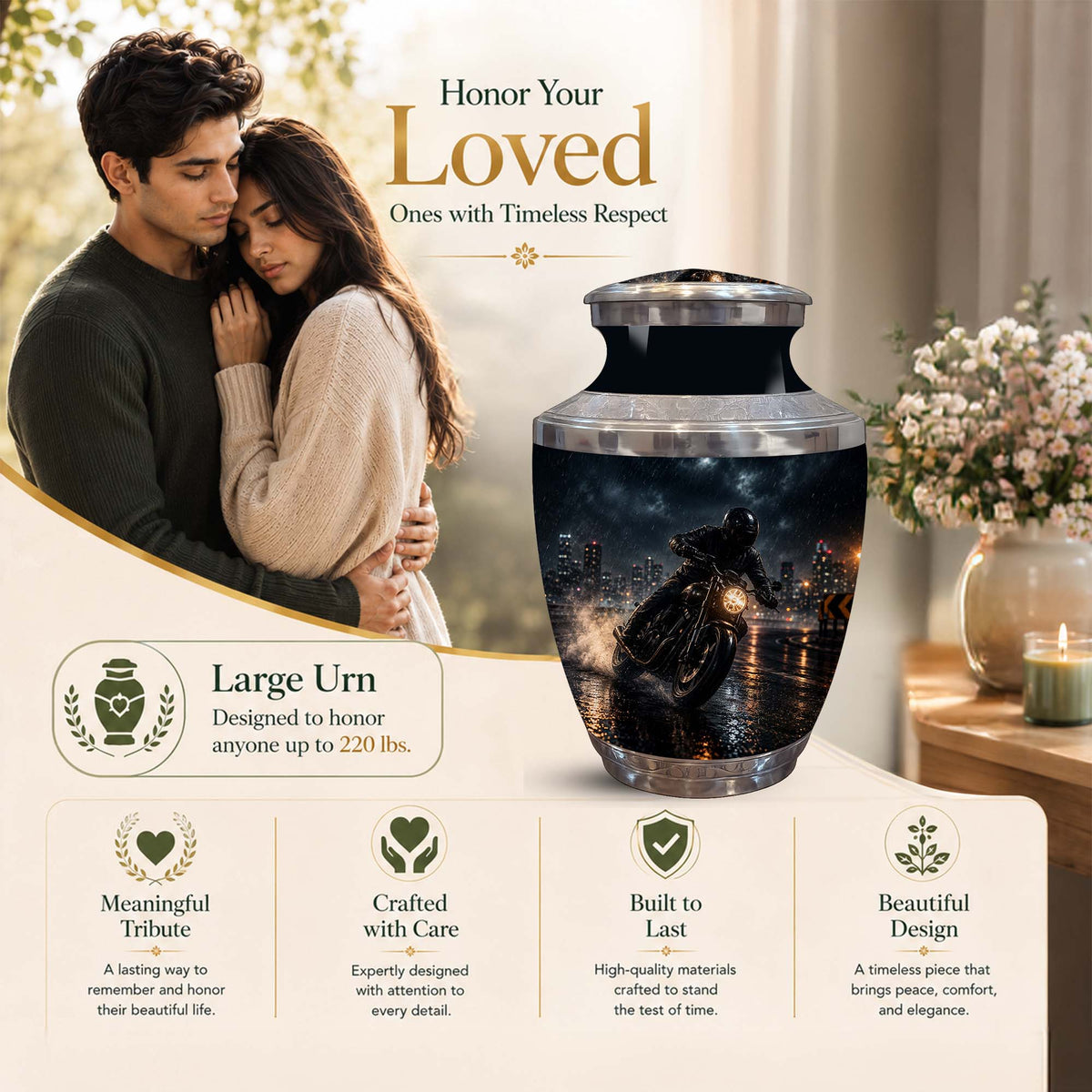 A large memorial urn with a glossy dark printed photo of a motorcycle rider over water, shown beside a couple embracing and decorative flowers. Text reads 'Honor Your Loved Ones with Timeless Respect' and 'Large Urn Designed to honor anyone up to 220 lbs.