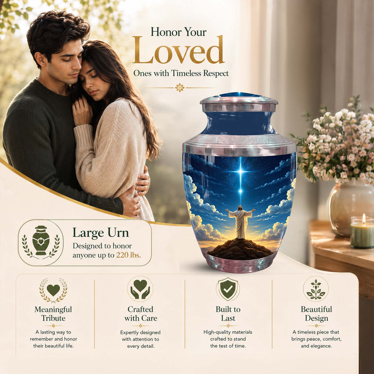 Jesus Themed Memorial Urn - Catholic Cross Funeral Urns For Ashes