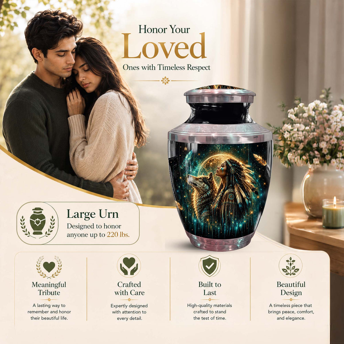 Native American Urn For Women - Wolf Memorial Urn For Ashes