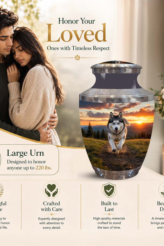 Large memorial urn with a printed husky landscape design, shown beside a couple and a floral arrangement on a warm beige promotional background with text about honoring loved ones and the urn's features.