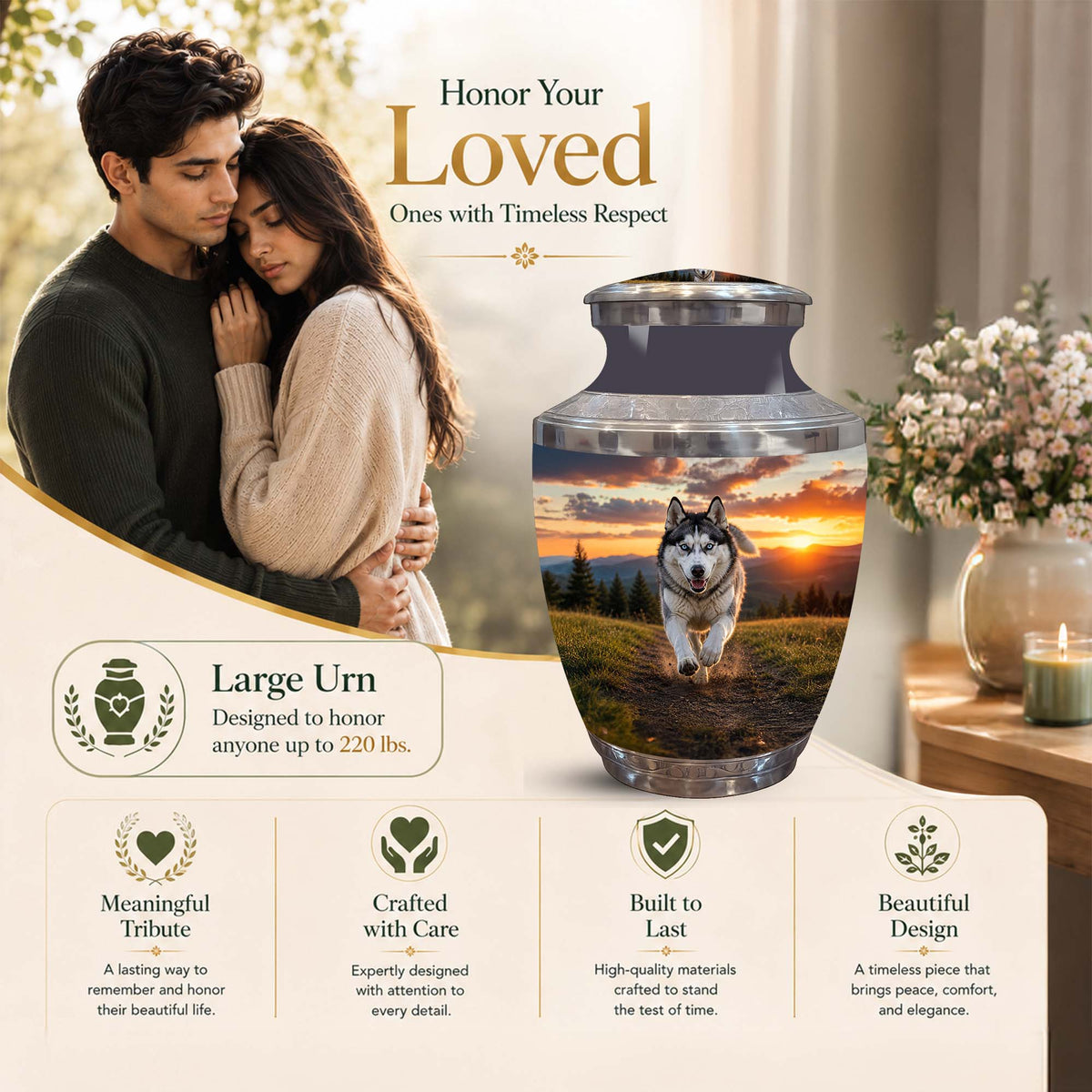Large memorial urn with a printed husky landscape design, shown beside a couple and a floral arrangement on a warm beige promotional background with text about honoring loved ones and the urn's features.