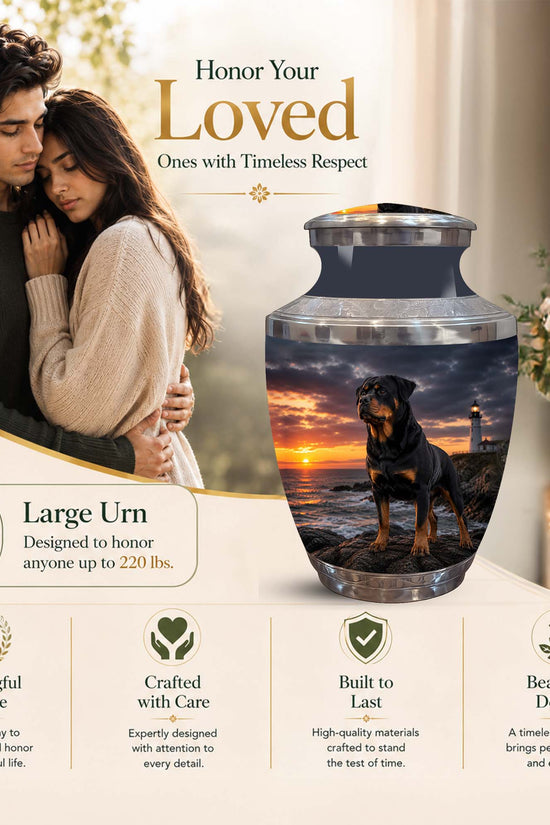 A large memorial urn displayed on a beige promotional background with a photo of a couple, flowers, and text reading 'Honor Your Loved Ones with Timeless Respect.' The urn features a printed sunset beach scene with a black-and-white dog.
