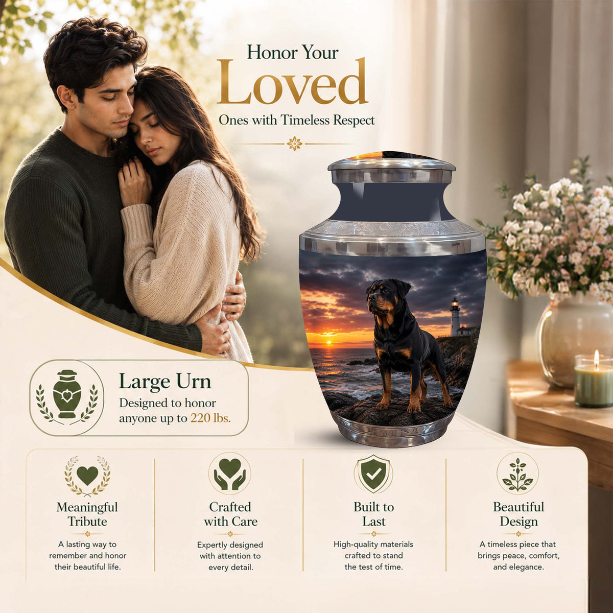 A large memorial urn displayed on a beige promotional background with a photo of a couple, flowers, and text reading 'Honor Your Loved Ones with Timeless Respect.' The urn features a printed sunset beach scene with a black-and-white dog.