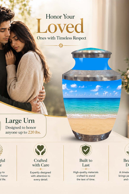 A large memorial urn displayed in a styled home interior scene with a couple in the background and text reading 'Honor Your Loved Ones with Timeless Respect.' The urn features a beach scene printed on it, with blue sky and ocean tones visible through a transparent lower section.