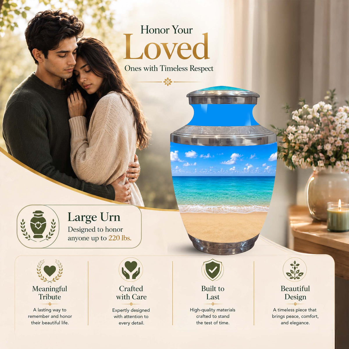 A large memorial urn displayed in a styled home interior scene with a couple in the background and text reading 'Honor Your Loved Ones with Timeless Respect.' The urn features a beach scene printed on it, with blue sky and ocean tones visible through a transparent lower section.