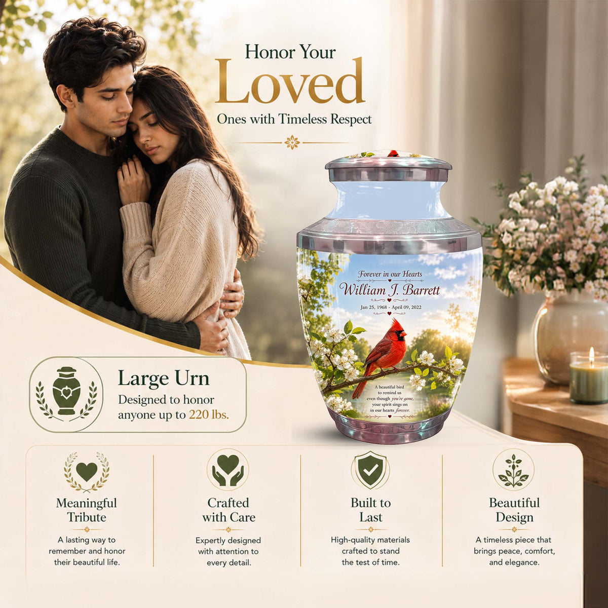 Red Cardinal Bird Urn For Mother - Cremation Urn For Adult Women