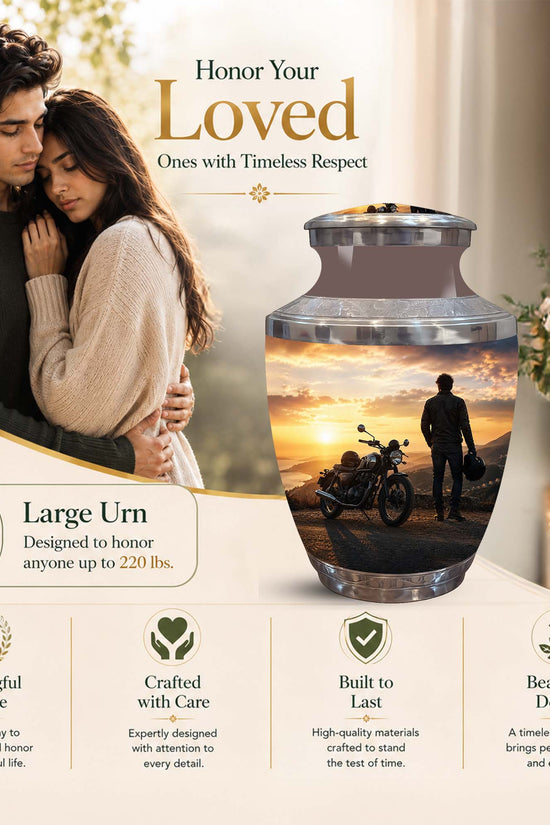 Sunset Motor Bike Rider Funeral Urn - Custom Memorial Tribute Funeral Urns