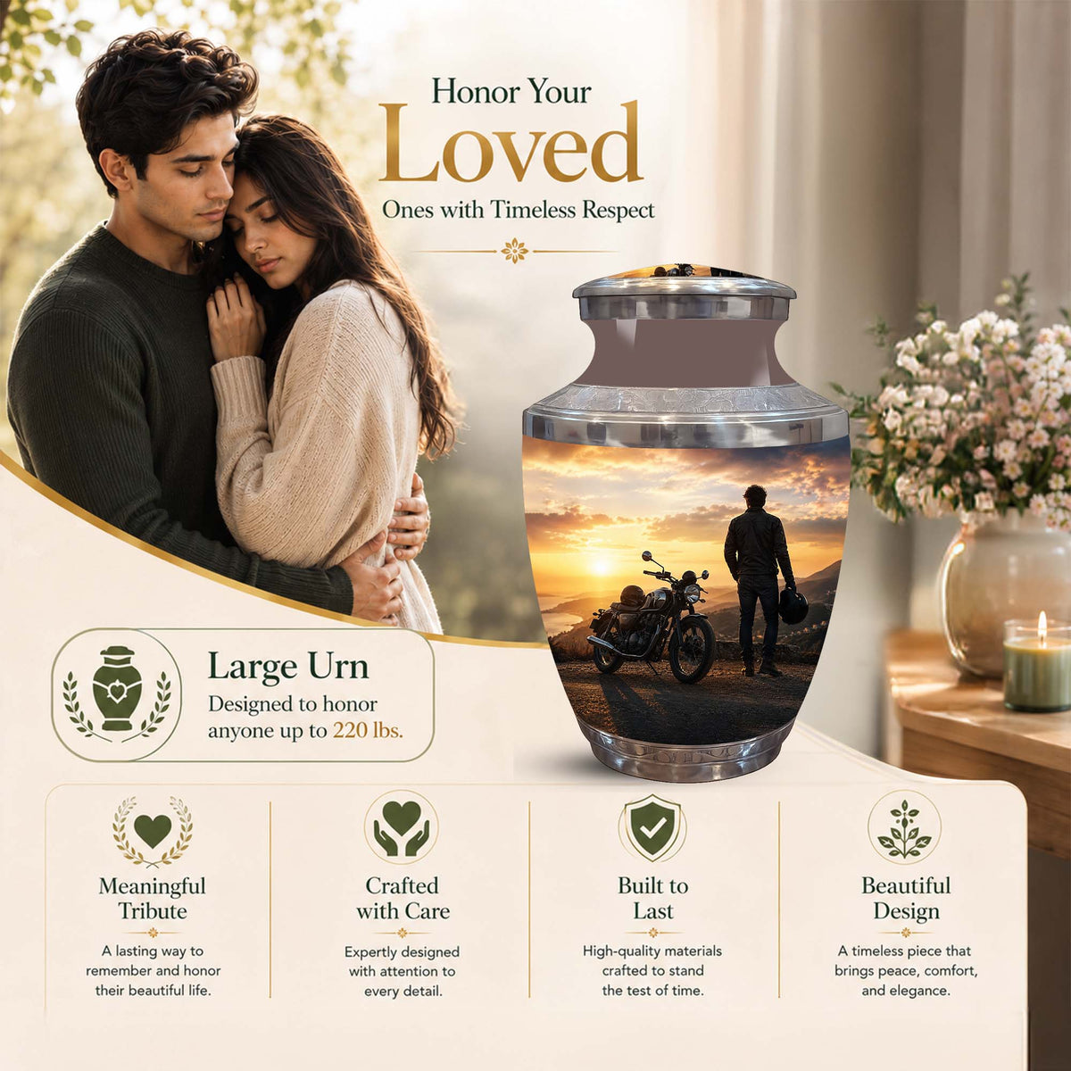 Sunset Motor Bike Rider Funeral Urn - Custom Memorial Tribute Funeral Urns