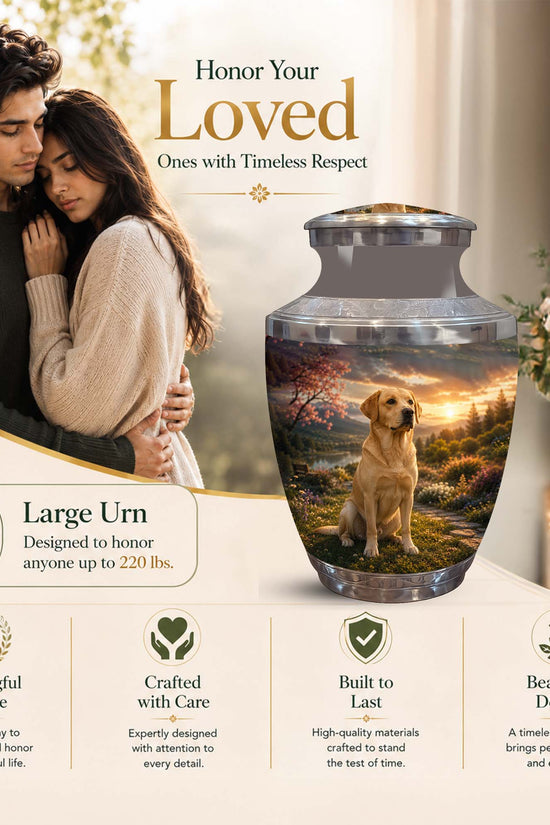 A large memorial urn displayed on a beige promotional background with a photo of a couple, the text 'Honor Your Loved Ones with Timeless Respect,' and feature callouts for a large 220 lbs urn, clear glass exterior, and a printed landscape scene with a golden retriever dog sitting inside.