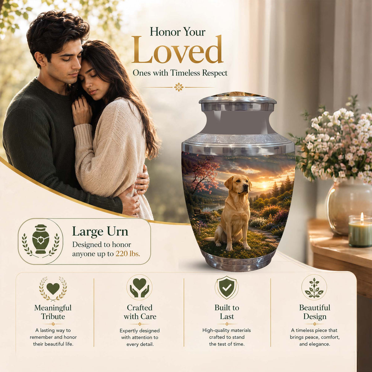 A large memorial urn displayed on a beige promotional background with a photo of a couple, the text 'Honor Your Loved Ones with Timeless Respect,' and feature callouts for a large 220 lbs urn, clear glass exterior, and a printed landscape scene with a golden retriever dog sitting inside.