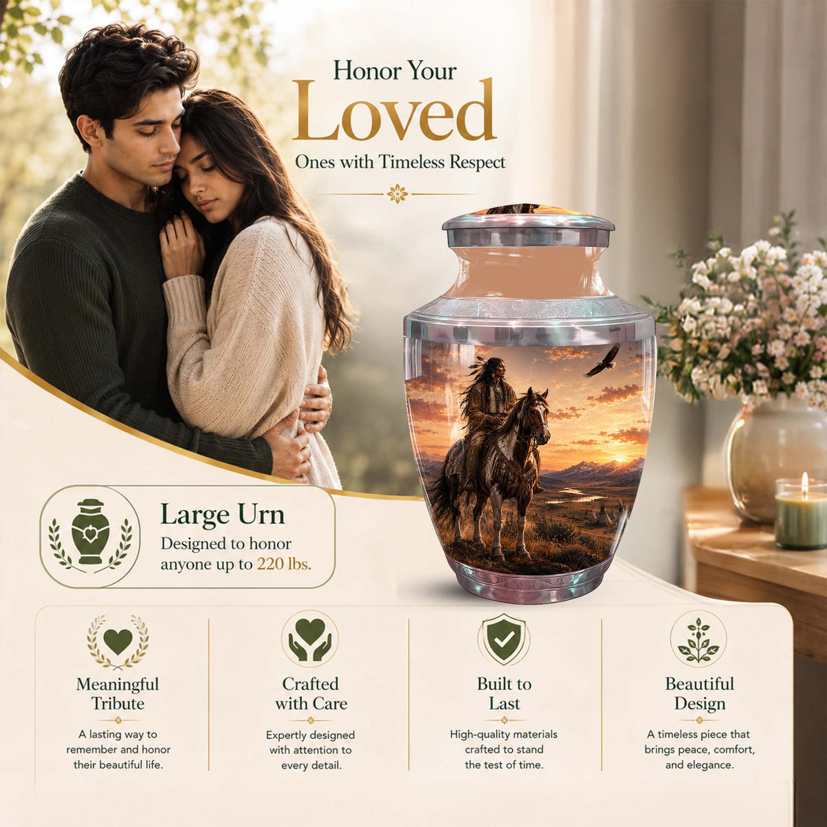 Horse Rider Urn For Men - Native American Warrior Memorial Urn